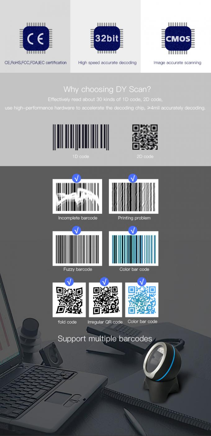 2D Mini USB QR Code Hands Free Barcode Scanner , Desktop Barcode Reader