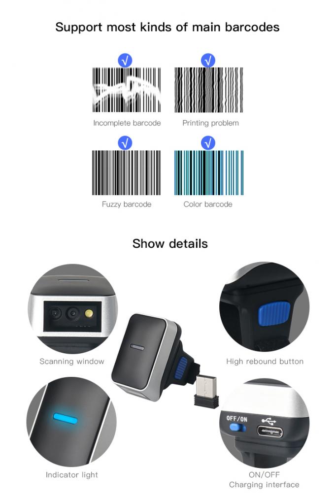 Wireless 2.4G Bluetooth Barcode Reader , Wearable 2D Reader DI9010 Auto