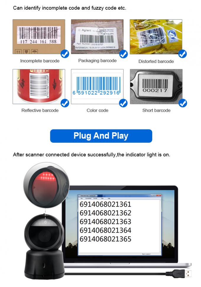Wireless Desktop Barcode Scanner High Speed Handsfree 2D Bar Code ...